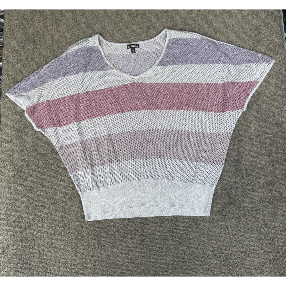 Express Womens Metallic Striped Dolman V-Neck Knit Top Large Grey Pink Purple
